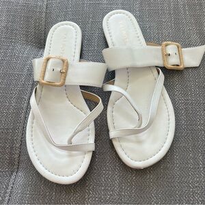 Talbots Gia Buckle Sandals Women's 8 White  Nappa Leather Bamboo Coastal 8M